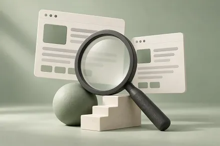 Editorial illustration with a magnifying glass in front of web pages, on a sage green background.