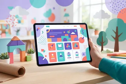 Editorial illustration featuring a web page and toy shapes in pastel colors.